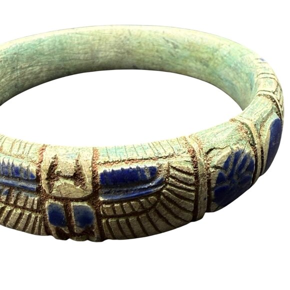 Vintage Egyptian-Style Glazed Faience Carved Bangle Bracelet - Picture 4 of 5